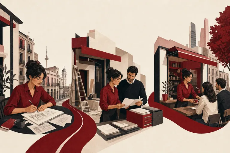 Ilustración editorial del recorrido de una emprendedora desde la planificación hasta la apertura de su negocio en Madrid