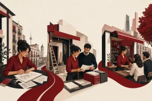Emprendedora organizando su actividad en distintos espacios de Madrid con apoyo de una gestoría