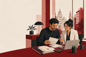 Asesor fiscal revisando modelos tributarios con un autónomo en Madrid