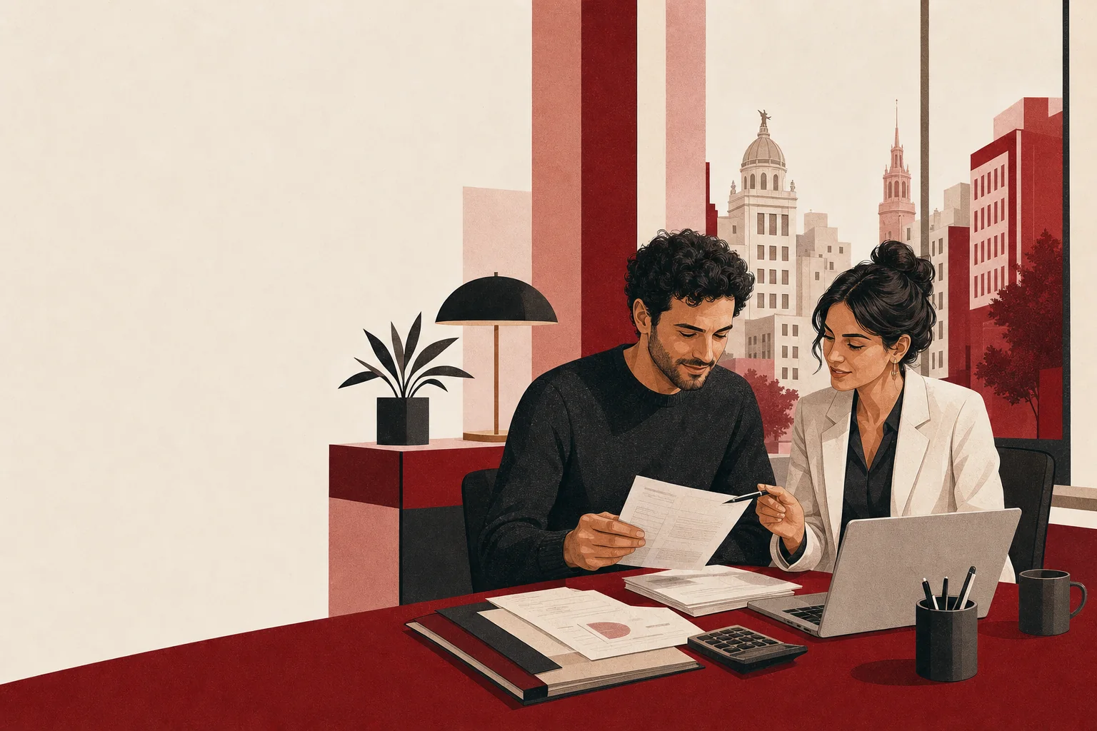 Autónomo y asesora revisando documentación fiscal en Madrid
