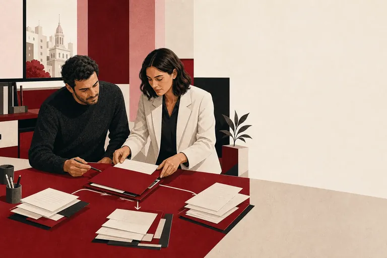 Ilustración editorial de una persona autónoma y una asesora organizando documentación fiscal, contable y laboral
