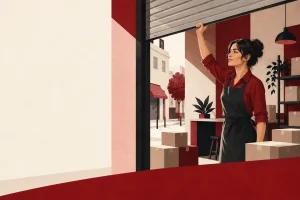 Autónoma levantando la persiana de su local recién abierto