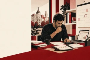 Autónomo repasando el cierre del trimestre con calculadora y calendario fiscal